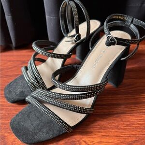 NEW- Kelly & Katie Black Rhinestone Strappy Block Heel Sandals